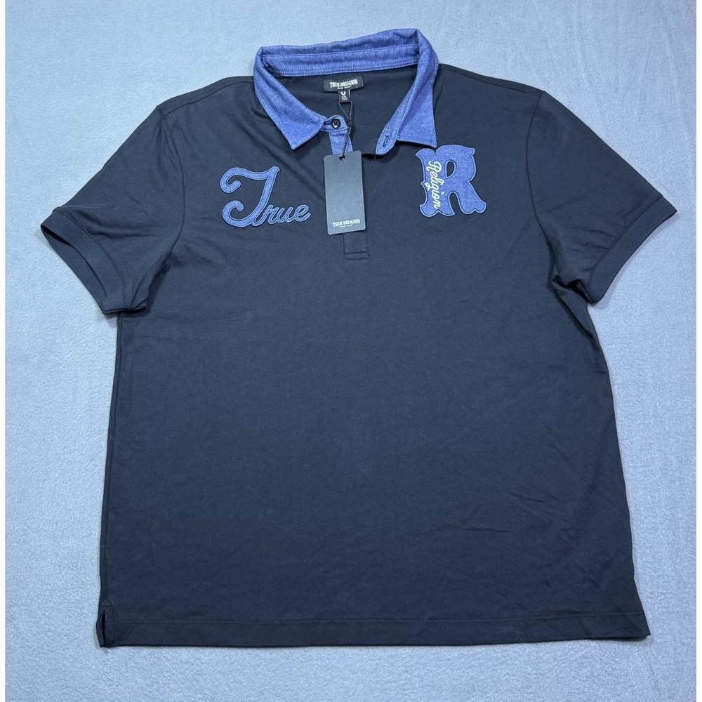True Religion Polo Shirt Mens L Denim Jersey Big Logo Streetwear Normcore NEW